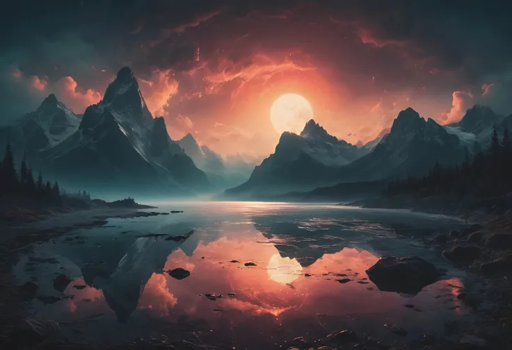 highly detailed and hyper realistic photo, by Alena Aenami , by Archibald Thorburn , by Daniele Afferni , a breathtaking otherworldly landscape with psychedelic colors , in the style of monochromatic silhouette reflection, limited dark palette, unusual dark colors, faded colors, atmospheric haze, highly dramatic cinematic lighting, motion blur, film grain, professional, excellent composition, finest details, maximized details, ultimate detail level, masterpiece, best quality