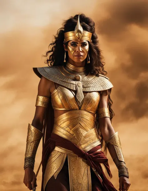 Cinematic, ancient egyptian female warrior in a epic sand storm and fire, face paint, intricate and elaborate costumes, holding golden sword --ar 21:9 #photography, #cinematic