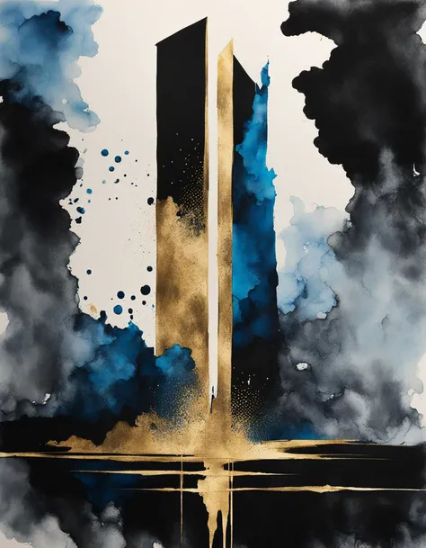 Solitary sentinel tower. abstract, fluid ink washes, black, blue, gold kintsugi, inkblot --ar 3:2