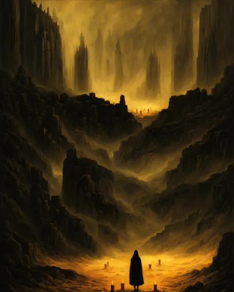 masterpiece, high resolution, a shrouded young woman, landscape, ash, fog, dusk, smog, mountain range, shrouded figures, candles in the caves, bones, masterpiece painting by Zdzislaw Beksinski,