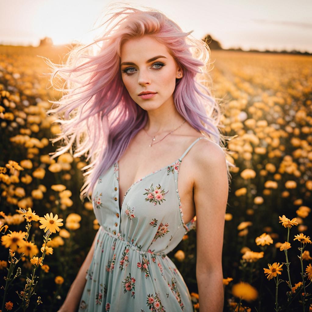 A woman with pink hair and blue dress standing in a field of flowers ...