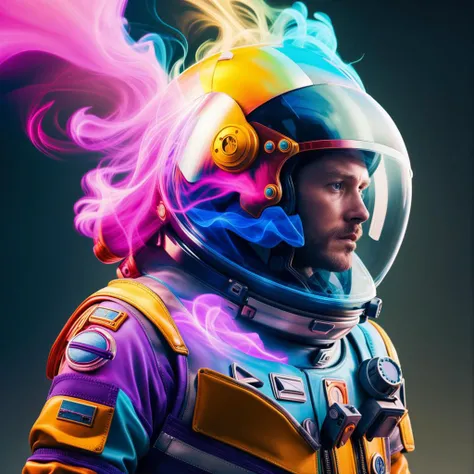 a man in a space suit covered in colored smoke, beeple colors, colorful octane render, beeple and james jean, beeple and mike winkelmann, surreal colors, beeple. hyperrealism, beeple |, beeple. octane render, by (Alberto Seveso:1.18), beeple art, beeple artwork, helmet, smoke, solo, gloves, 1boy, male focus, 1other, space helmet, spacesuit
