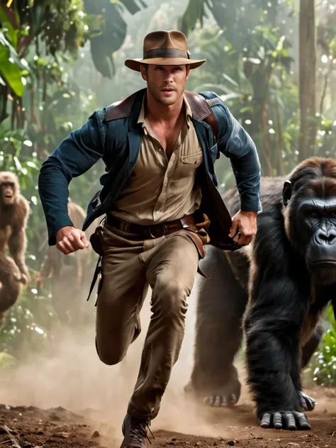 cinematic photo of Chris Hemsworth as Indiana Jones, hat, running away from a giant ape screaming, 35mm photograph, film, bokeh, professional, 4k, highly detailed, full body shot, wide angle
