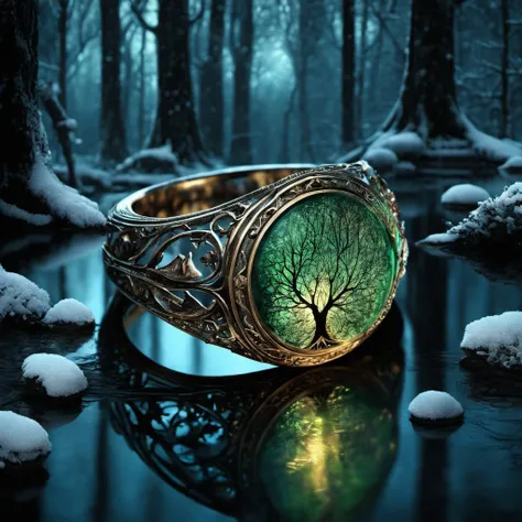 digital art, magical Elven ring with intricate design, luminescent, glowing with magic, ice and wwater, intricately detailed, J.R.R. Tolkien's Middle-earth, dark winter forest at night background, in deep shadows, grandiose design, cinematic lighting, radiant light, octane render, refraction