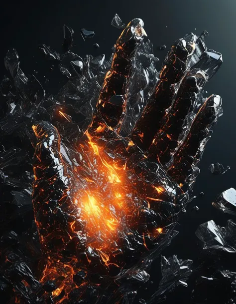 contrast, explosion of hyperdetailed shiny obsidian volcanic glass shards in shape of a hand, sparks, embers, ethereal beautiful fantasy, glowing veins, photorealistic, artstation, concept art, 8k uhd wallpaper, octane render, dark black background