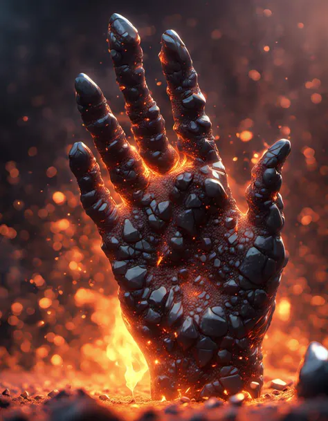 explosion of hyperdetailed shiny obsidian volcanic glass shards in shape of a hand, sparks, embers, ethereal beautiful fantasy, glowing veins, photorealistic, artstation, concept art, 8k uhd wallpaper, octane render, pastel background