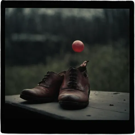 a grainy real polaroid photo of a lost clown shoe. 
flash photography, dimly lit, bad lighting, dark background, creepy, nostalgic, night time, moody ambience

