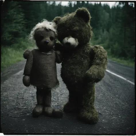 contrast,
a grainy real polaroid photo of an old dirty mossy teddy bear with a heart on an old road.
flash photography, dimly lit, bad lighting, dark background, bright camera flash, creepy, nostalgic, night time, moody ambience

