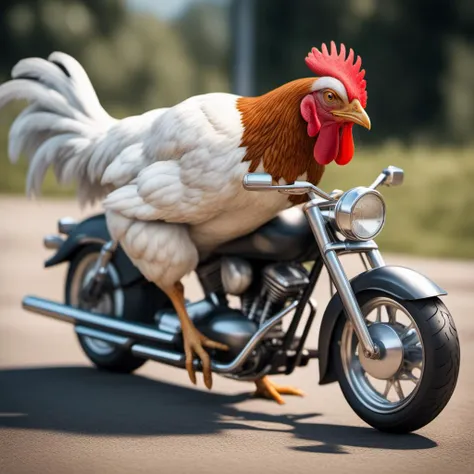 Bipedal Farm Chicken close up, driving a souped up motorcycle, gangster, macho, photo realistic, funny, hyperrealistic, Cinematic, high definition, detailed textures, 8k,