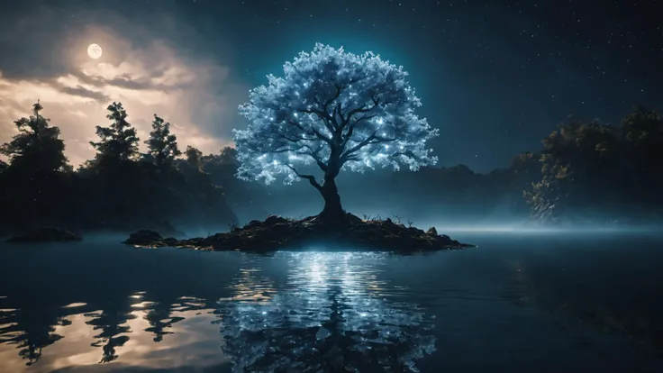 wide cinematic still, fluorescent blue white glowing tree with long outstretching branches on an island, reflections in the rippled water, magical energy emanating from the tree, (starry night sky:1.1), night, dark sky, (cloud covered moon:1.1), unreal engine, 8k, 3D render, masterpiece, best quality, light particle, intricate details, ultra detailed, cinematic lighting, photorealistic, volumetric light, octane render, photon mapping, (ray tracing,:1.1),