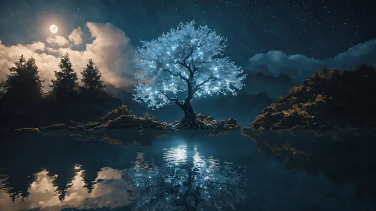wide cinematic still, fluorescent blue white glowing tree with long outstretching branches on an island, reflections in the rippled water, magical energy emanating from the tree, (starry night sky:1.1), night, dark sky, (cloud covered moon:1.1), unreal engine, 8k, 3D render, masterpiece, best quality, light particle, intricate details, ultra detailed, cinematic lighting, photorealistic, volumetric light, octane render, photon mapping, (ray tracing,:1.1), in the style of Vincent van gogh,