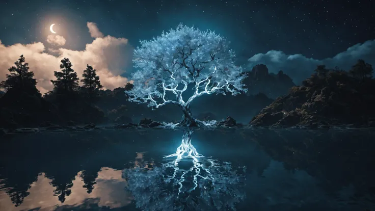 wide cinematic shot, fluorescent blue white glowing tree with long outstretching branches on an island, reflections in the rippled water, magical energy emanating from the tree, (starry night sky:1.1), night, dark sky, (cloud covered moon:1.1), unreal engine, 8k, 3D render, masterpiece, best quality, light particle, hyper intricate details, photorealistic, 8k, volumetric light, in the style of Vincent van gogh,