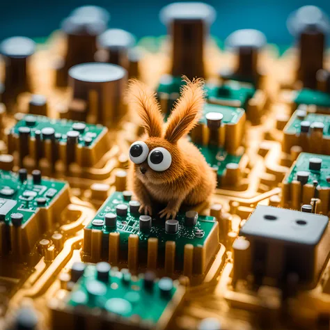 real scanning electron micrograph, computer processor, (hilarious dust nanoscopic dust bunnies with googly eyes:1.2), (computer circuit town, dust bunny homes made of transitors:1.2), cute furry creatures, highly detailed, best quality, (raw, 8k, uhd, sony a7 mark iv, ultra detailed computer chip town)
