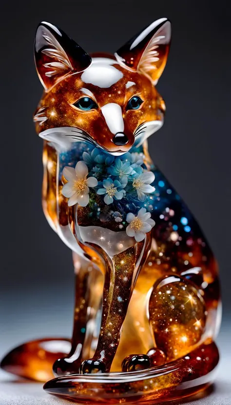 intricate transparent glass interstellar nebula fox statue made of galaxies, flora and fauna, hyper realistic, ultra detailed, elegant, beautiful, 1 tail