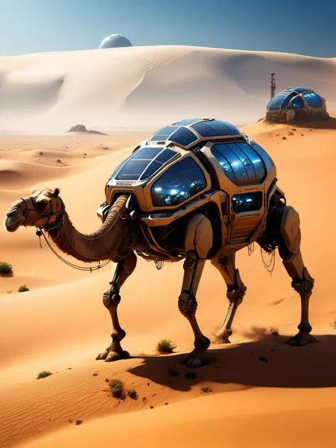 (Desert landscape:0.4),(post-apocalyptic rebuilders:1.3), a colossal robotic camel with integrated (greenhouse:1.2) structures, nurturing plant life within its body, roaming dunes alongside robotic scarabs that sift sand for resources, (concept by Khang Le:1.2), (environment by Raphael Lacoste:1.3), 8k, Blender's grandeur depiction, biome mechanics insight, dune shifting dynamics, promise of life in desolation.
<lora:xl_more_art-full_v1:1>