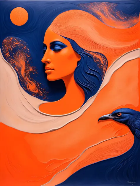 (Harmonious:0.3),(saturated), (a majestic piece of Fauvist Intaglio art, The Sand-Sorcerer's Serenade), shimmering mirage oscillations, visionary with a spectral falcon:2.4 woman:0.6, raven-black:0.2 seeress, shimmering sand mantle, young yet ageless:1.7, features carved by wind and wisdom, dunes and constellations as cloak, (indigo and burning orange colors:2.4) desert blaze, sage, art nouveau, wavy illusion, large format digital, large format photography, digital, photo realism, mirrorless, 13k uhd, hdr, flawless clarity, gallery-worthy, vibrant hues.
<lora:xl_more_art-full_v1:1>