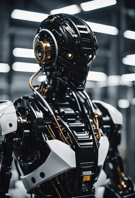 portrait of highly detailed (black mechanical robot:1.2) soldier, hydraulics, wires, metal texture, in a white robot factory, cinematic photo, 35mm f/11 photograph, film, bokeh, professional, 4k, highly detailed