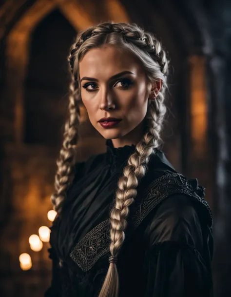 closeup of woman wearing gothic clothes, braided pigtails, in a castle, sharp focus, looking at the night time, Mystical atmosphere, cinematic