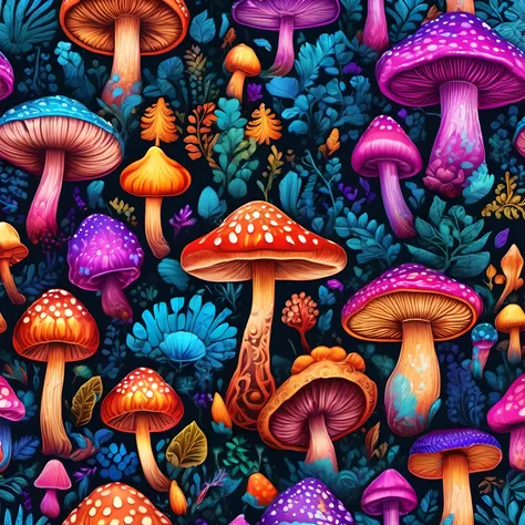 breathtaking (psychedelic:1.3), mushrooms, marshmallow, vibrant color, fluorescent color, 8k, hdr, . award-winning, professional, highly detailed