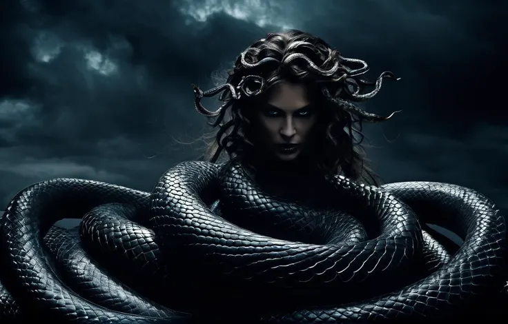 cinematic photo A ((ominous creature)) prowls through the shadows, revealing glimpses of snakes and scales,((Medusa's presence)) is felt, a ((terrifying figure)) of legends, cursed with a gaze that turns flesh to stone, (mysterious:1.3), ultra-realistic mix fantasy, solo,dark clouds, (lovecraftien horror:1.1), (thunder:1.1), gloomy, disturbing, indescribable terror, (heavy fog:1.1), shadow, dark night, texture, masterpiece, great art, high quality, best quality, highly detailed, 8k, wide shot, panorama, (Bottom view:1.1), Abyss Energy, dehazed, (masterpiece,best quality:1.5) . 35mm photograph, film, bokeh, professional, 4k, highly detailed