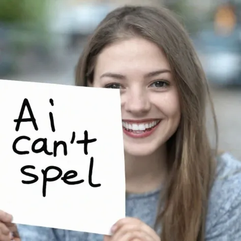 handwritten text "AI can't speel" on a piece of paper, cute young woman smiling, cross-eyed, silly face, bokeh
