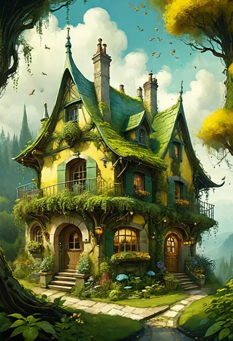 by Casey Baugh,Anton Pieck,
This illustration depicts a whimsical cottage enveloped by lush vegetation,nestled within a verdant and thriving forest. The architectural style of the cottage is unique,featuring pointed roofs and arched windows,with the entire structure being overtaken by green plants and vines,evoking a sense of age-old mystery. The warm yellow light emanating from inside hints at habitation or suggests that this might be a magical place. In the scene,birds are perched on the rooftop and tree branches,infusing life and a natural essence into the image. Overall,this illustration skillfully combines elements of reality and fantasy to create an enchanting and harmonious atmosphere reminiscent of scenes from fairy tales. Stylistically,it leans towards fantasy illustration,employing rich colors and meticulous details to craft an engaging imaginary world,
masterpiece,best quality,highly detailed,ultra-fine painting,sharp focus,physically-based rendering,extreme detail description,Professional,UHD,8K,<lora:miaojin_xl32:1>, gilding\\(style\\),