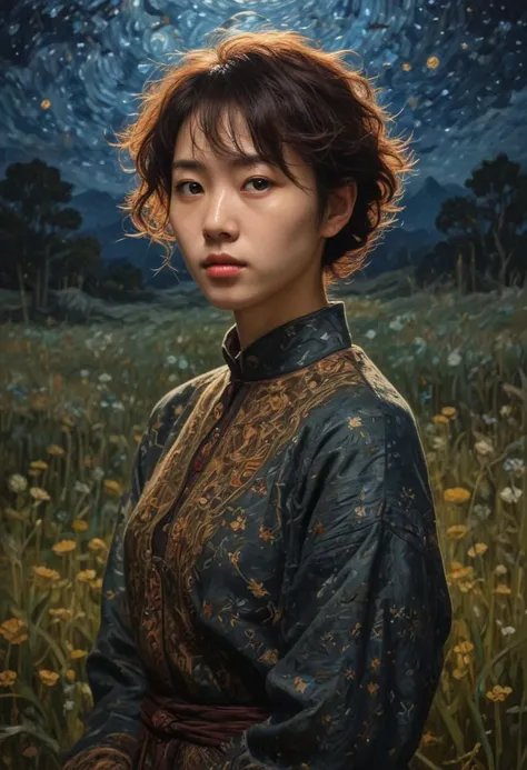 Explicit_rating, score_9, score_8_up, score_7_up, score_7, score_6_up, an oil painting of fantasy (Tribadism), silhouette on Radiant meadow, style of van gogh, starry night vibes, expressionism, FredFraiStyle Short, korean, dark tan skin, dark brown eyes, long sleeve shirt, sexy korean female, waist up, medieval clothes, 한국인
negative_hand, sscore_8, score_8_up, score_9, directional lighting, masterpiece, perfect composition, upper body portrait, short hair, messy hair, rough features, messy, flat chest