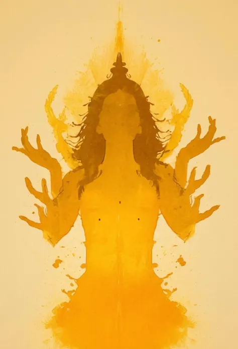 A rorschach-test resembling symmetrical goddess Shiva with four Arms and three eyes, Dancing, long hair, happy mood trigger, dark Amber and golden translucent ink splashes