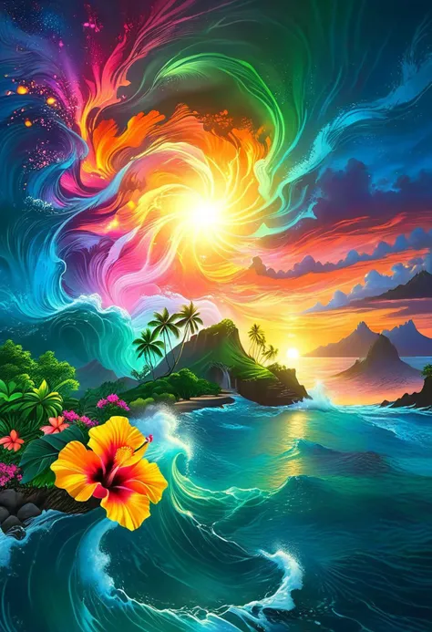 zavy-fltlnpnt, an island, a magical island setting in hawaii, made up of surreal imagery, colorful lights of a beautiful sunset swirl and streak across the sky creating fantastical imagery. Magical scenery blending the ideas of cool relaxing ocean waves and swaying green palm trees, beautiful hibiscus flowers blooming in all various colors leaving a soothing calm and colorful spectacle of wonder. Colorful light show, thick lines, line art, flat art, enhanced background, creative, beautiful, vibrant, masterpiece, 8k, Ultra HD, amazing details, amazing quality, amazing artist, sharp edges, detailed textures, full view, atmospheric lighting, amazing visuals