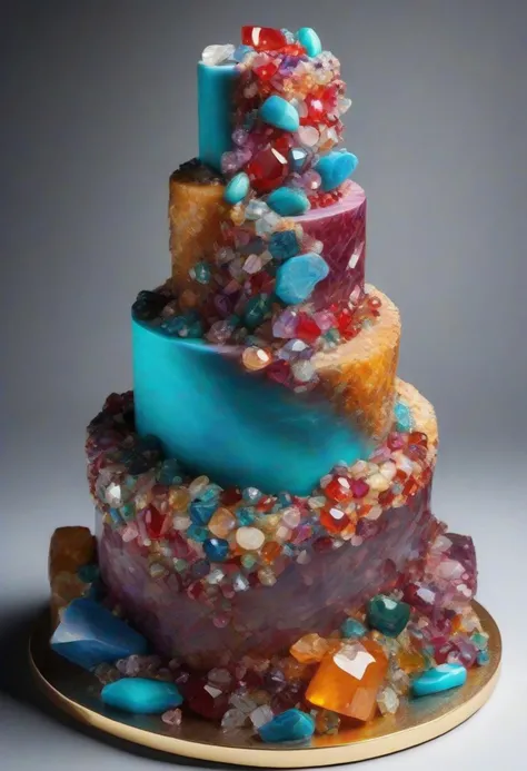 cut piece of cake made from multi-colored precious stones, diamonds, rubies, sapphires, turquoise. dynamic angle view