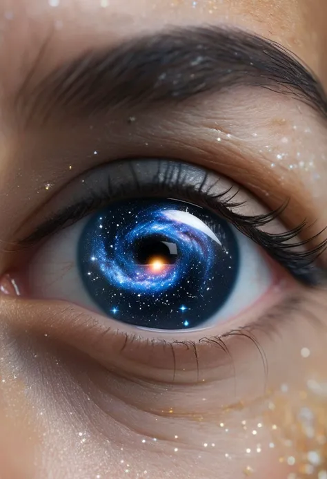 close-up of a female eye with the image of the milky way, constellations,