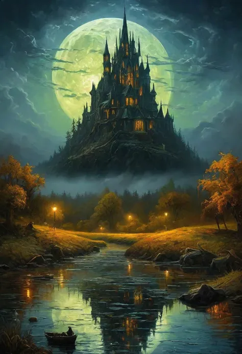 (impressionist landscape masterpiece:1.5), (best quality:1.5), (aesthetic + beautiful + harmonic), (horror themed:1.5), (ultra detailed scenery, ultra detailed background:1.5), (symmetrical intricate details + sharpen symmetrical details) | ((at night all evil lurking arise, those that cannot hide will certaily lose their lives, at night the true horror show humans how weak they are against an indomitable foe:1.5))