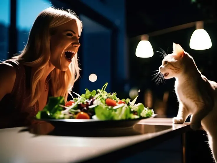 cinematic photo a blond woman hysterically yelling at a cat, a plate of salad in front the cat, close shot, night, dynamic lighting . 35mm photograph, film, bokeh, professional, 4k, highly detailed