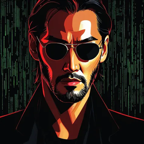 impactful paint of Keanu Reeves as Neo of Matrix with sunnglasses <lora:The_Pulp_Session:0.8>, highly detailed, 8k, sharp, professional, clear, high contrast, high saturated, , vivid deep blacks, crystal clear