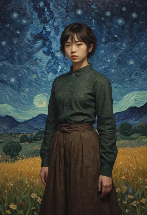 Explicit_rating, score_9, score_8_up, score_7_up, score_7, score_6_up, an oil painting of fantasy (Tribadism), silhouette on Radiant meadow, style of van gogh, starry night vibes, expressionism, FredFraiStyle Short, korean, dark tan skin, dark brown eyes, long sleeve shirt, sexy korean female, waist up, medieval clothes, 한국인
negative_hand, sscore_8, score_8_up, score_9, directional lighting, masterpiece, perfect composition, upper body portrait, short hair, messy hair, rough features, messy, flat chest