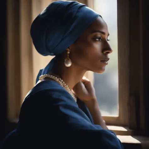 A young woman with a blue turban and a pearl earring. The woman is sitting in front of an open window. Sunlight enters through the window and illuminates the woman. The woman's eyes are closed and she seems to be absorbed in thoughts of her. The background of the scene is dark. The image is portrayed in a realistic style. The details of the woman, her turban and pearl earring are perfectly reproduced. The image is beautiful and suggestive. Conveys a sense of mystery and charm.