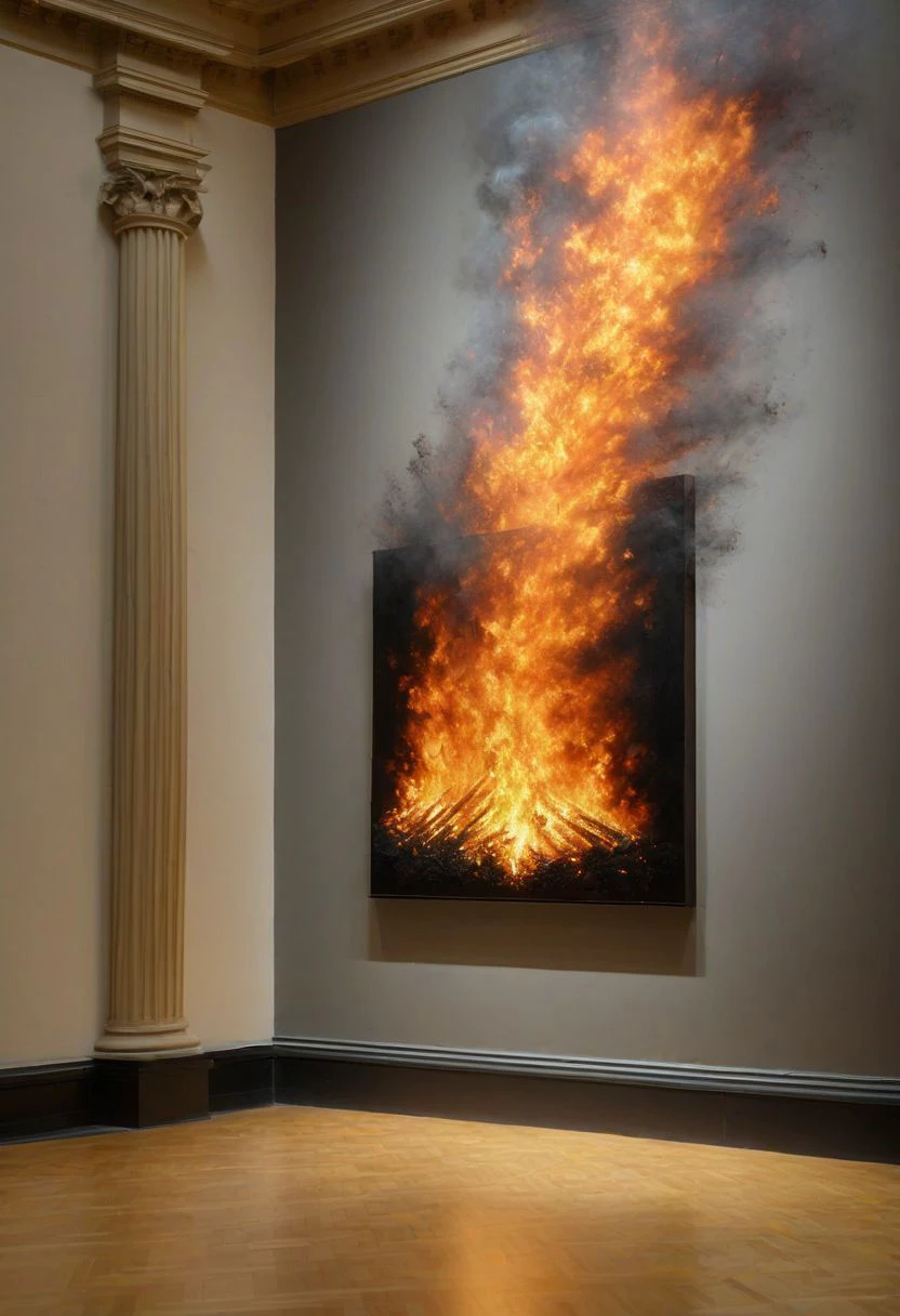 cinematic photo of
(a painting of a forest fire) hanging on a wall in a museum. painting dissolving into mad-embr,