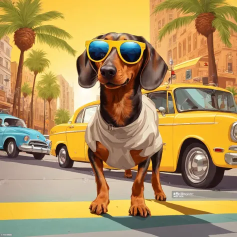 A dachshund dog wearing celebrity sunglasses walking on the sidewalk, palm trees, city street, yellow cab, cafe, photorealistic image