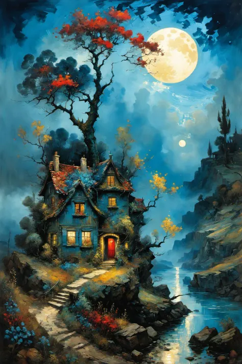 incredibly absurdres,very detailed,Intricate,detailed,sharp,clear,Better image quality,harsh brush strokes,vivid,rich details,clear shadows and highlights,realistic,intense,enhanced contrast,highly detailed,(((best quality))),(((masterpiece))),((ultra-detailed)),
HDR photo of landscape by Gustave Moreau,Thomas Kinkade,James Gurney. Carne Griffiths. Frank Frazetta. van gogh,a mysterious person comes from afar,forest made of blue trees,Alberto Sevesooil paint,deep colors,blue tint,scarlet_moon,night scenery,night_sky,night,fields,Field,<lora:xl_more_art-full_v1:1>,