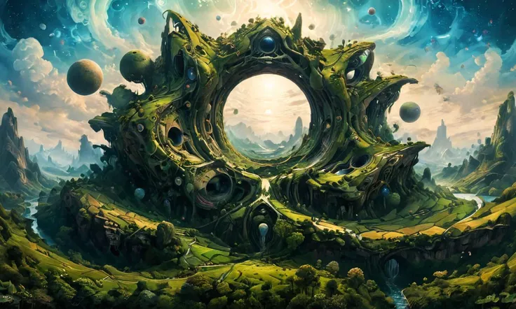 (masterpiece, best quality, ultra-detailed), a surrealistic landscape with strange geometry, ptm0, fenliexl, mixed media, surrealism, Faetastic, ab0m