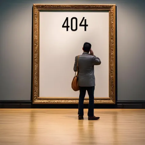 a signboard with ("404":1.5) written in front of the empty picture frame, in art museum, people looking at you with interest,