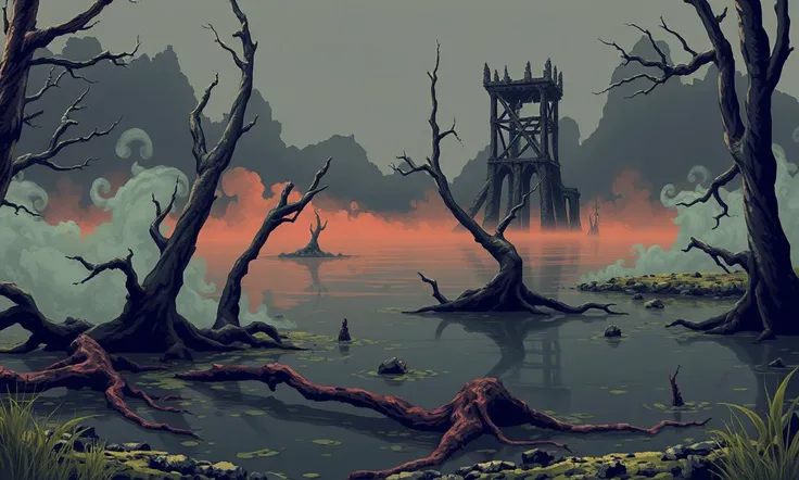 Glitchcore Art Style, retro game art pixel-art. In an early-medieval setting.
A desolate swamp, with mist rising from stagnant, dark waters. Broken tree trunks jut out of the murky depths, and twisted roots creep along the shoreline. In the distance, the skeletal remains of an ancient watchtower are half-sunken into the mire.
dynamic, dramatic, (vibrant:1.2), (vibrant colors:1.3), medieval fantasy game art, nostalgic, charming, glitchcore art style
