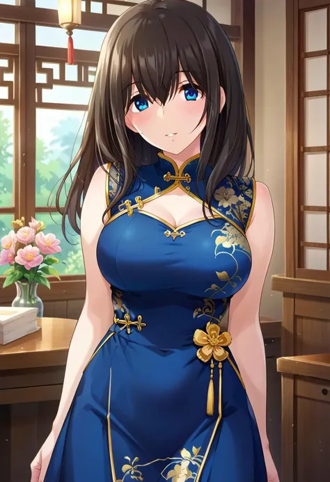 Tall girl, Long brown hair, dragon horns, Cyan eyes, Chinese dress, ssmile, Masterpiece, hiquality