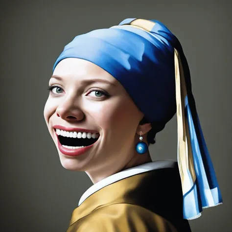 Scarlett Johansson's laughing expression in the picture "Girl with a Pearl Earring",inspired by the painting "Girl with a Pearl Earring",crazy details,award-winning work,<lora: Iconic_Smile:1>,<lora:FF_Style_Rene-Magritte:0.6>,