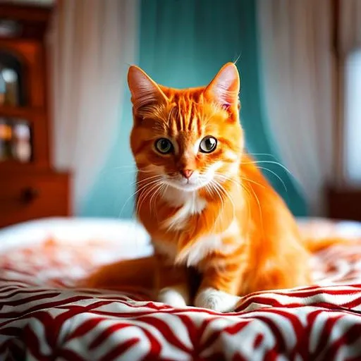 Food photography style There is a cat who is lying on a bed with a blanket, She is very relaxed, Relaxed pose, lying on the bed, ginger cat in medium action, showing its paws to the viewer, making a cheeky pose, making a hot majestic pose, Happy sage. she has bouncy belly, lying on a fluffy blanket, lying on a bed, orange fluffy belly , intricate details, perfect features, dramatic, Cinematic lighting, accent lighting, SSAA, smooth rendering, No noise --testp --com 2 :3 --video --no lazy prompts . Appetizing, professional, culinary, high-resolution, commercial, highly detailed