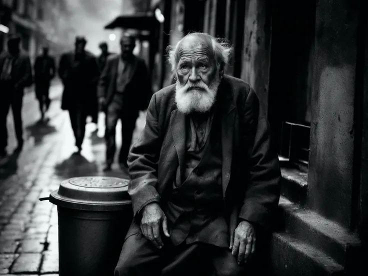 a very crazy man in old clothes from the 50s sits in front of the monument The Thinker by Auguste Rodin in the pose of The Thinker by Auguste Rodin, smokes a cigar and looks at his face. Around a crowd of watching people with different emotions. Around lanterns, withered bushes, autumn leaves, snowy landscape