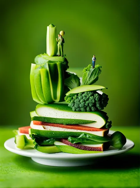 a couple of figurines sitting on top of a pile of green vegetables, miniature photography closeup, miniature photography, diorama macro photography, scale model photography, miniature world, super realistic food picture, amazing food illustration, tiny people devouring food, food art, culinary art photography, amazing food photography, celery man, 4k polymer clay food photography, made of food