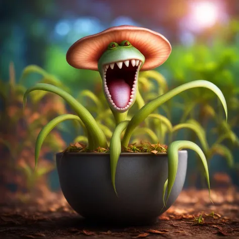 A cute and magical crazy fun and imaginative carnivorous plant in a pot with a big mouth with little teeth, sparkling expressive eyes and lots of leaves and a tongue that comes out to eat an insect. Detailed photorealistic and colorful. The blurred background with plants