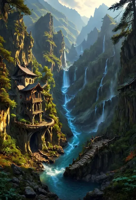 Best quality, masterpiece, 32k, UHD, high detailed,
The picture shows elven magic-forges, which are crowded on the mountain slopes and among the trees and waterfalls of the canyon. Arched stone bridges stretch between the forges. Long wooden vents stretch upward from the gorge, emitting a warm golden steam. A large water mill wheel slowly turns, driven by the current of the river at the bottom of the gorge. Gloomy sky, light rain, cozy.
cinematic, illustration, epic,