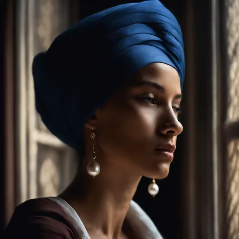 A young woman with a blue turban and a pearl earring. The woman is sitting in front of an open window. Sunlight enters through the window and illuminates the woman. The woman's eyes are closed and she seems to be absorbed in thoughts of her. The background of the scene is dark. The image is portrayed in a realistic style. The details of the woman, her turban and pearl earring are perfectly reproduced. The image is beautiful and suggestive. Conveys a sense of mystery and charm.